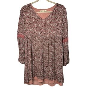 Miami Women Small Floral 3/4 Sleeve Babydoll Tunic Dress Style Dusty Rose Summer